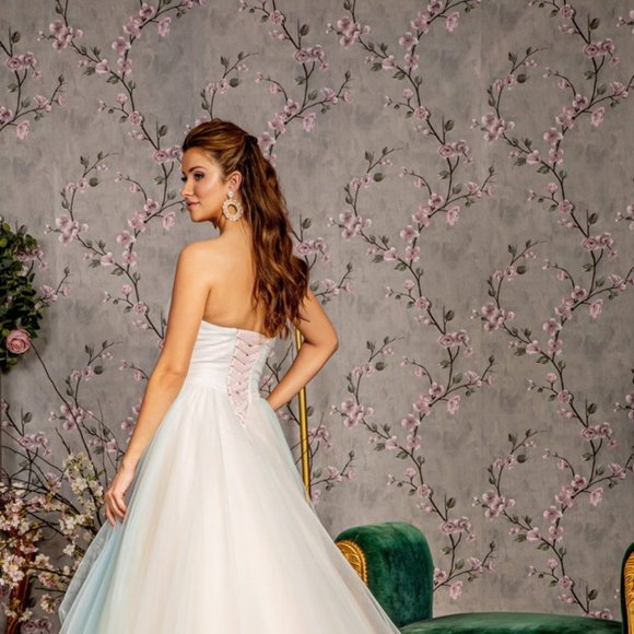 NEW LONG FORMAL SLEEVELESS STRAPLESS MESH BALL GOWN WITH LACE UP BACK GL3244 - Picture 8 of 12